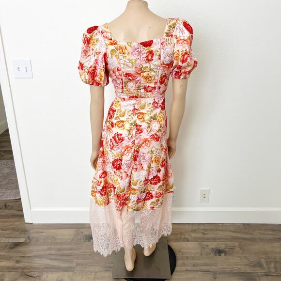[Rachel Parcell] Pink Rose Floral Puff Sleeve Lace Trim Spring Midi Dress NWT 8 - Picture 3 of 12